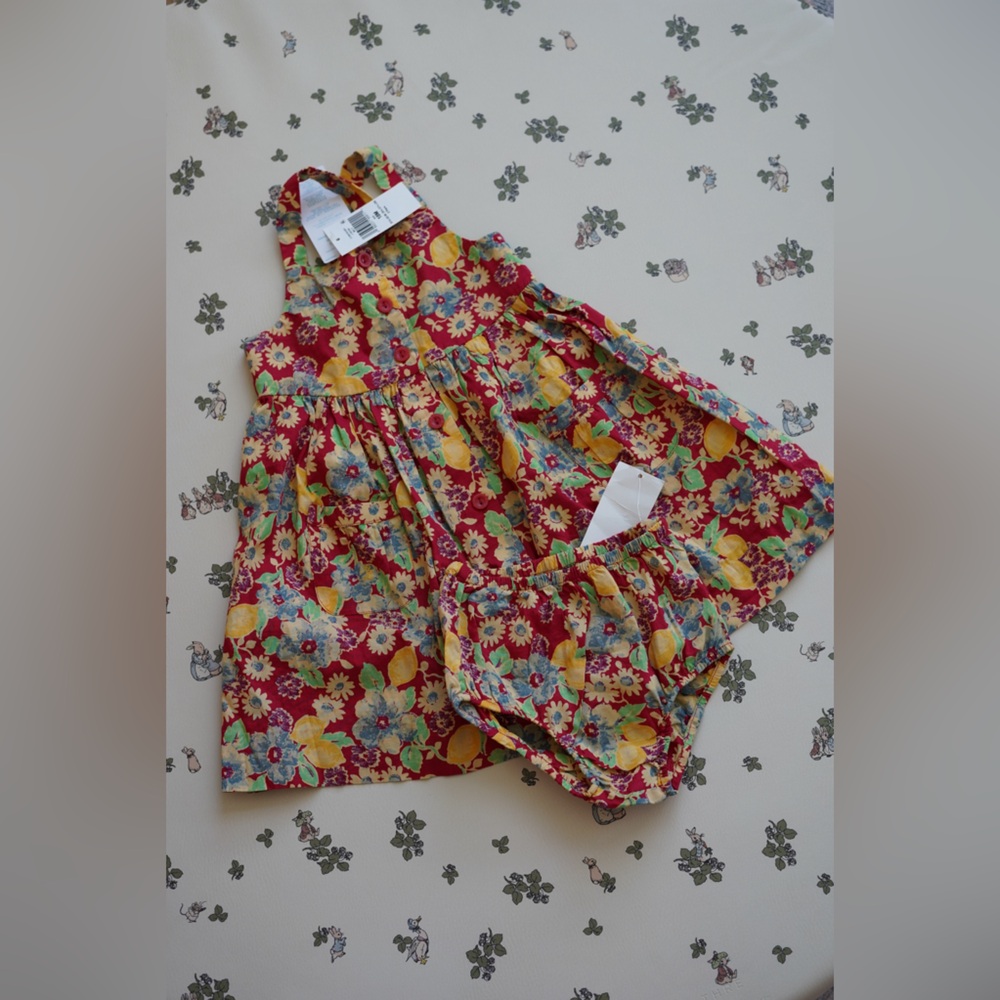 Ralph Lauren Lemon-Floral Slub Cotton Dress & Bloomer
